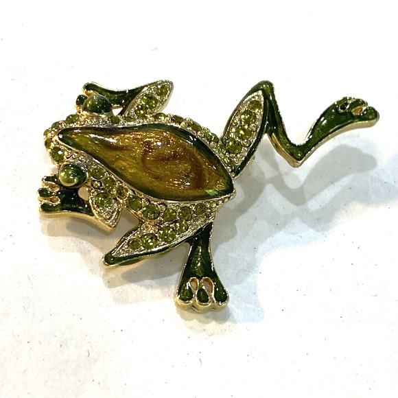 Hopping Frog Brooch Fashion Jewelry Enamel Pin Gold Brown & Green Rhinestones - Picture 8 of 9
